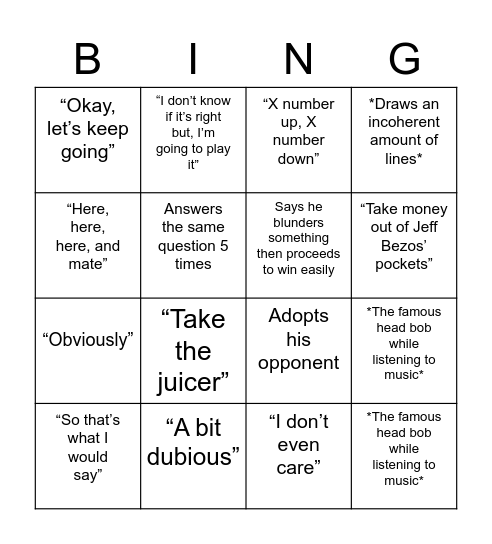 Hikaru Bingo Card