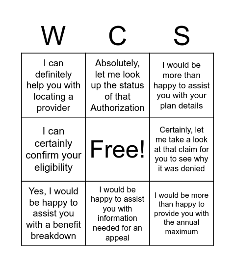 World Class Service Bingo Card