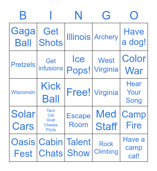 Camp Oasis Bingo Card