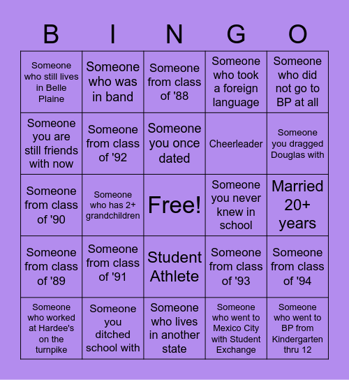 CLASS REUNION BINGO Card