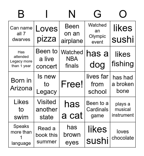 Music Class Bingo Card