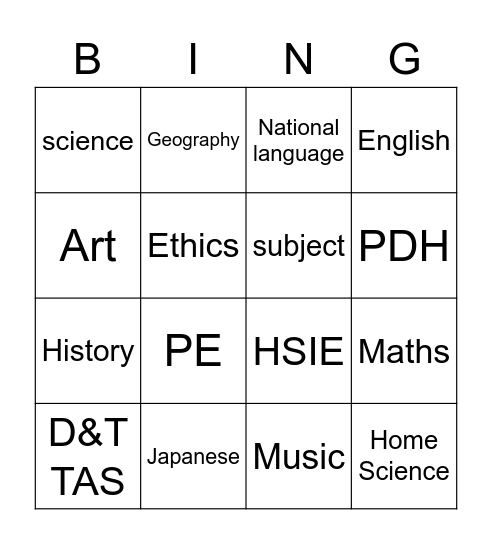 School Subjects Bingo Card