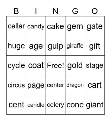 Soft G and C / Hard G and C Bingo Card