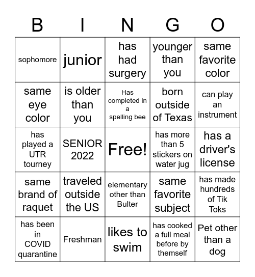 Lamar Tennis 2021 - 2022 Bingo Card