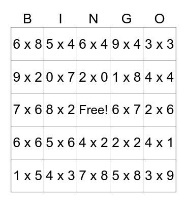 Multiplication BINGO Card