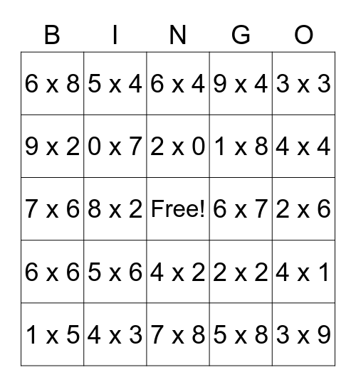 Multiplication BINGO Card