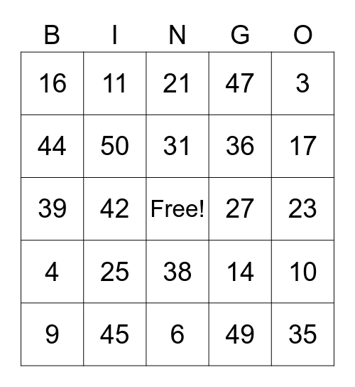 1-50 bingo Card