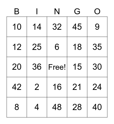 Multiplication Bingo Card