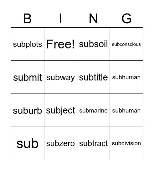 Sub- Bingo Card