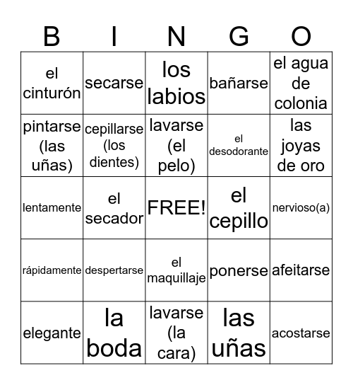 Capitulo 2A Vocabulario Bingo Card