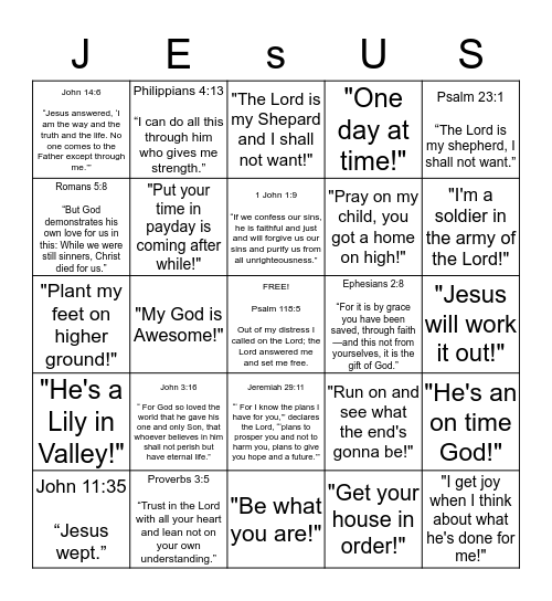 Thank You Jesus! Bingo Card