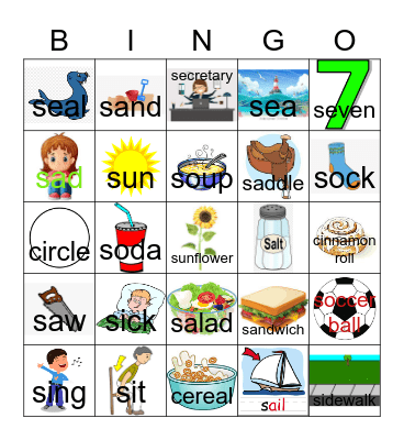 S at the beginning of words Bingo Card