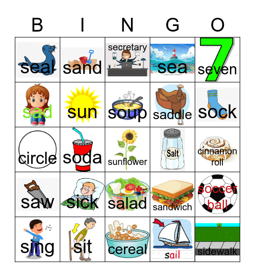 S at the beginning of words Bingo Card