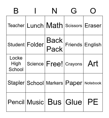 Back to School Bingo Card