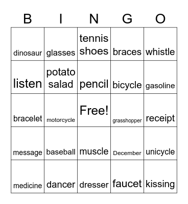 S in the middle of words Bingo Card