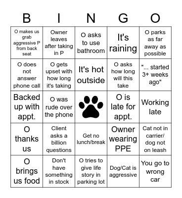 Covid-19 version Vet problems Bingo Card