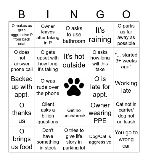 Covid-19 version Vet problems Bingo Card