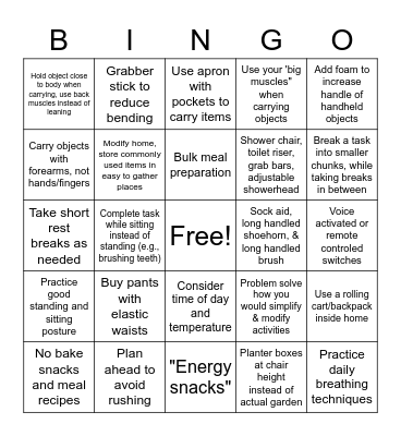 Energy Conservation Bingo Card