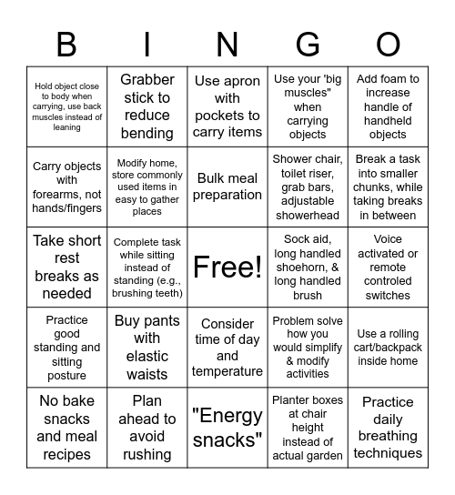 Energy Conservation Bingo Card