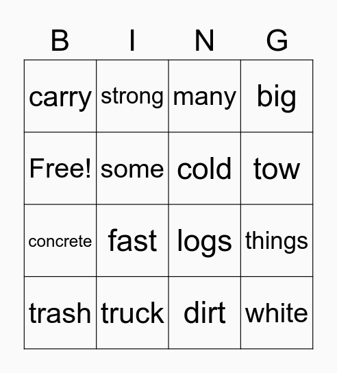 Trucks Bingo Card