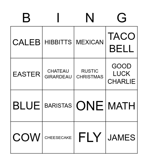 Bridal Bingo Card