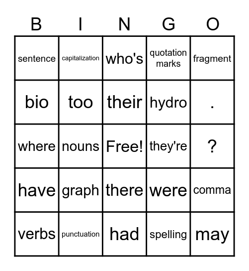 Grammar Bingo Card