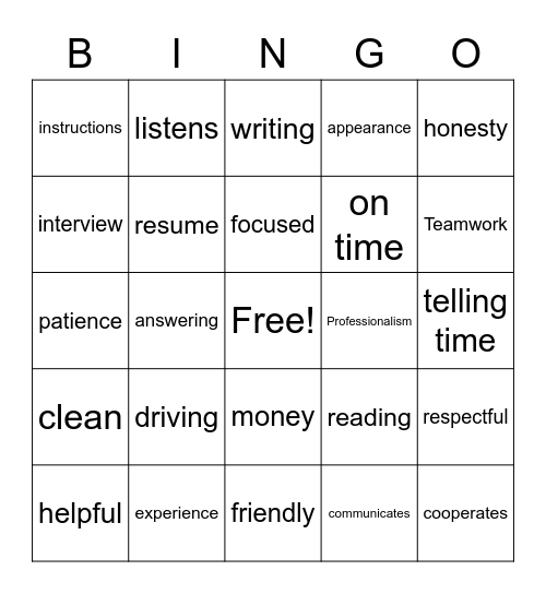 Job Readiness Bingo Card