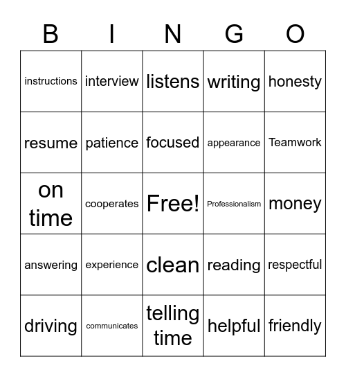 Job Readiness Bingo Card