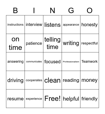 Job Readiness Bingo Card