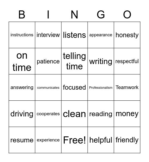 Job Readiness Bingo Card