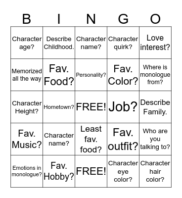 Character Bingo Card