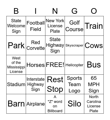 Road Trip Bingo! Bingo Card