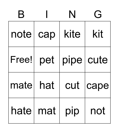 magic-e Bingo Card