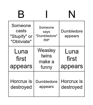 Harry Potter and the Deathly Hallows Pt 1 Bingo Card