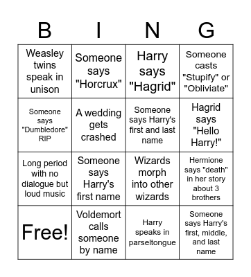 Harry Potter and the Deathly Hallows Pt 1 Bingo Card