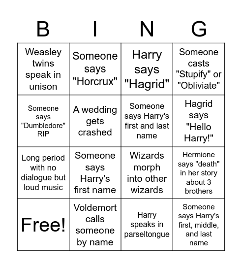 Harry Potter and the Deathly Hallows Pt 1 Bingo Card