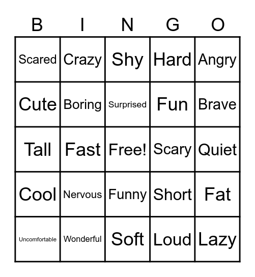 Adjectives Bingo Card