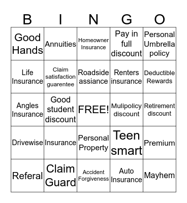 Allstate Angles Bingo Card