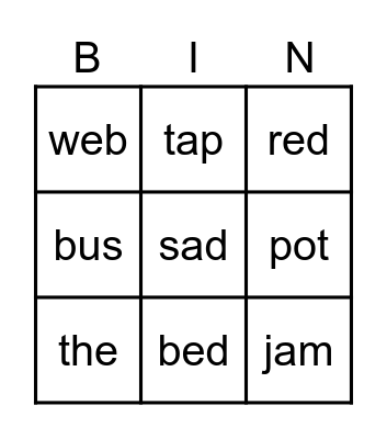 words Bingo Card