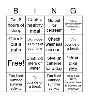 Summer Wellness Challenge Bingo Card