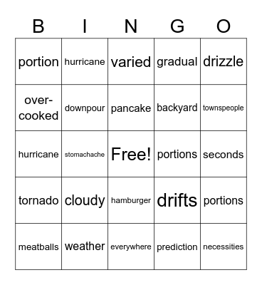 Cloudy with a Chance of Meatballs Bingo Card