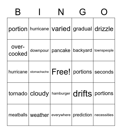 Cloudy with a Chance of Meatballs Bingo Card