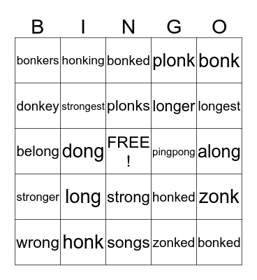 _ong and _onk spelling words Bingo Card