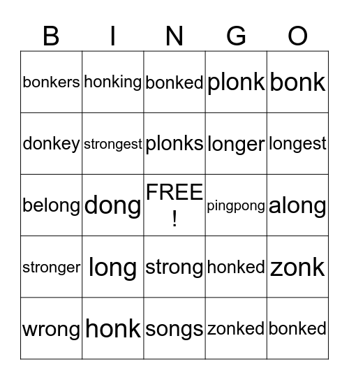 _ong and _onk spelling words Bingo Card