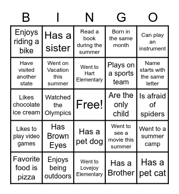 Hart Elementary Bingo Card