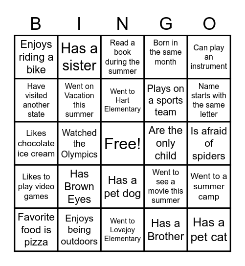 Hart Elementary Bingo Card