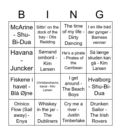 Gaffelrigger musikbingo Card