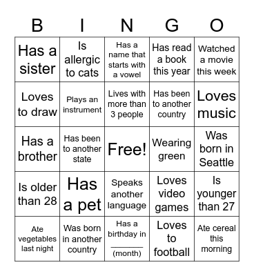 Getting to Know You Bingo Card