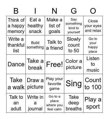 Coping Skills Bingo Card