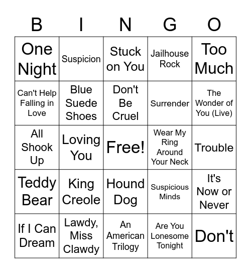 Elvis Bingo Card